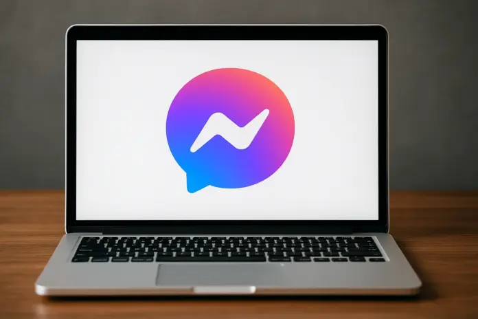 شعار ماسنجر الملون على شاشة لابتوب حديث، يوضح توقف التطبيق على أجهزة الكمبيوتر وتحويل المستخدمين إلى نسخة الويب.